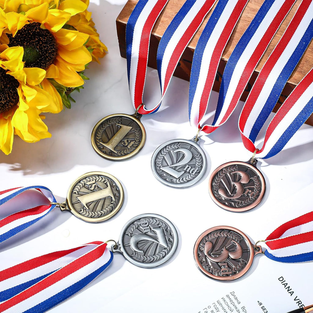 RoundFunny Award Medals - 1st, 2nd, 3rd Place Gold, Silver & Bronze Medals with Neck Ribbon | 2-Inch Trophy for Sports Competitions