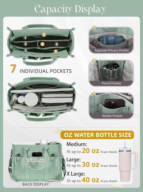 FIORETTO Canvas Tote Bag - Zipper Closure & Individual Compartments for Work, College, Teachers, Nurses