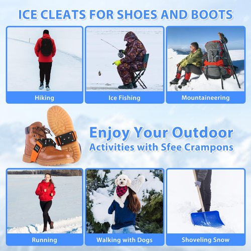 Sfee Ice Cleats Crampons, Easily Rotate Ice Grippers Ice Cleats for Shoes and Boots with Tungsten Studs Shoe Spikes Traction Cleats for Snow and Ice with Adjustable Straps for Frequent Indoor/Outdoor