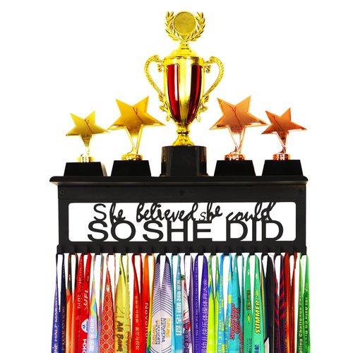Goutoports Medal Holder Trophy Display Hanger Rack Frame for Sport Race Runner - She Believed She Could - Sturdy Black Steel Metal Over 60 Medals Easy Install - Can Hold Trophies