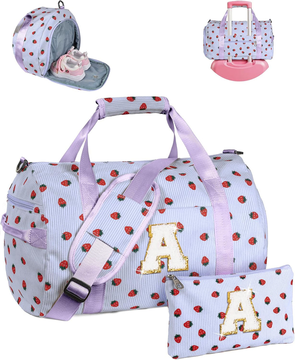 Skiennix Personalized Girls Gym Bag - Trendy Overnight Duffle with Shoe Compartment & Makeup Bag - Monogrammed Holiday Gift Set (Letter A)