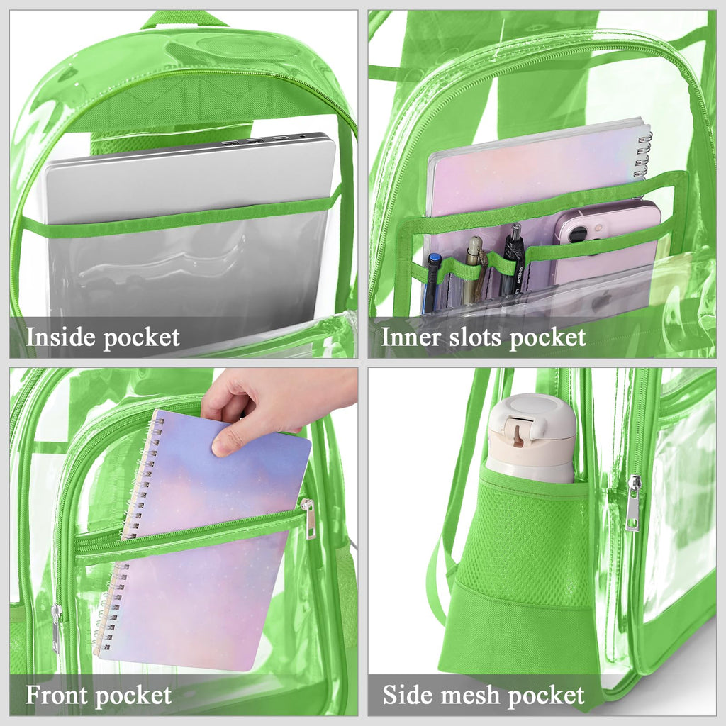 KIMNERPU Clear Backpack, Heavy Duty PVC Transparent Backpack with Reinforced Straps, See Through Multiple Pockets Large Capacity Bookbag for Concert Work Security Travel Festival (Green)