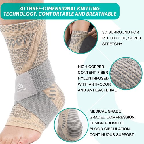 INDEEMAX Ankle Brace - Copper Infused Compression Sleeve for Pain Relief | Skin Silver, Size S