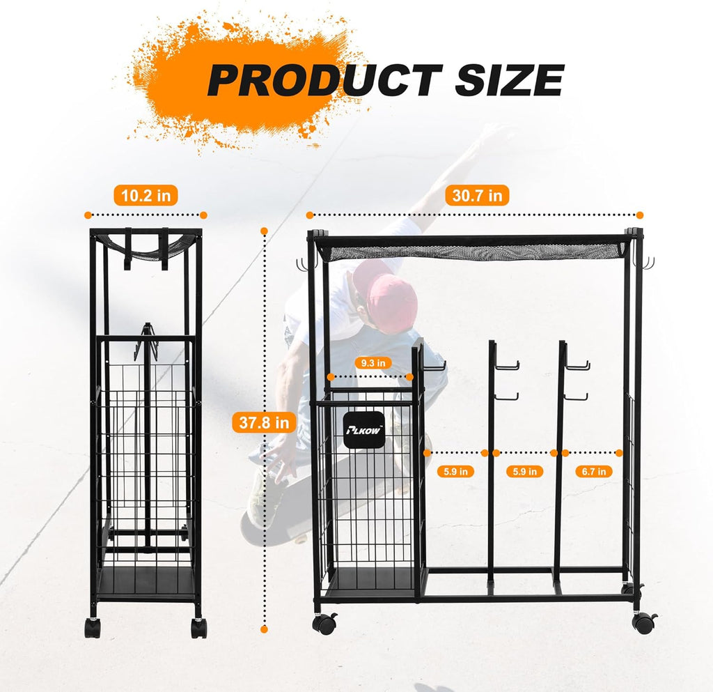 PLKOW Skateboard Storage Rack - Heavy-Duty Organizer with Wheels for Skateboards, Scooters & Gear
