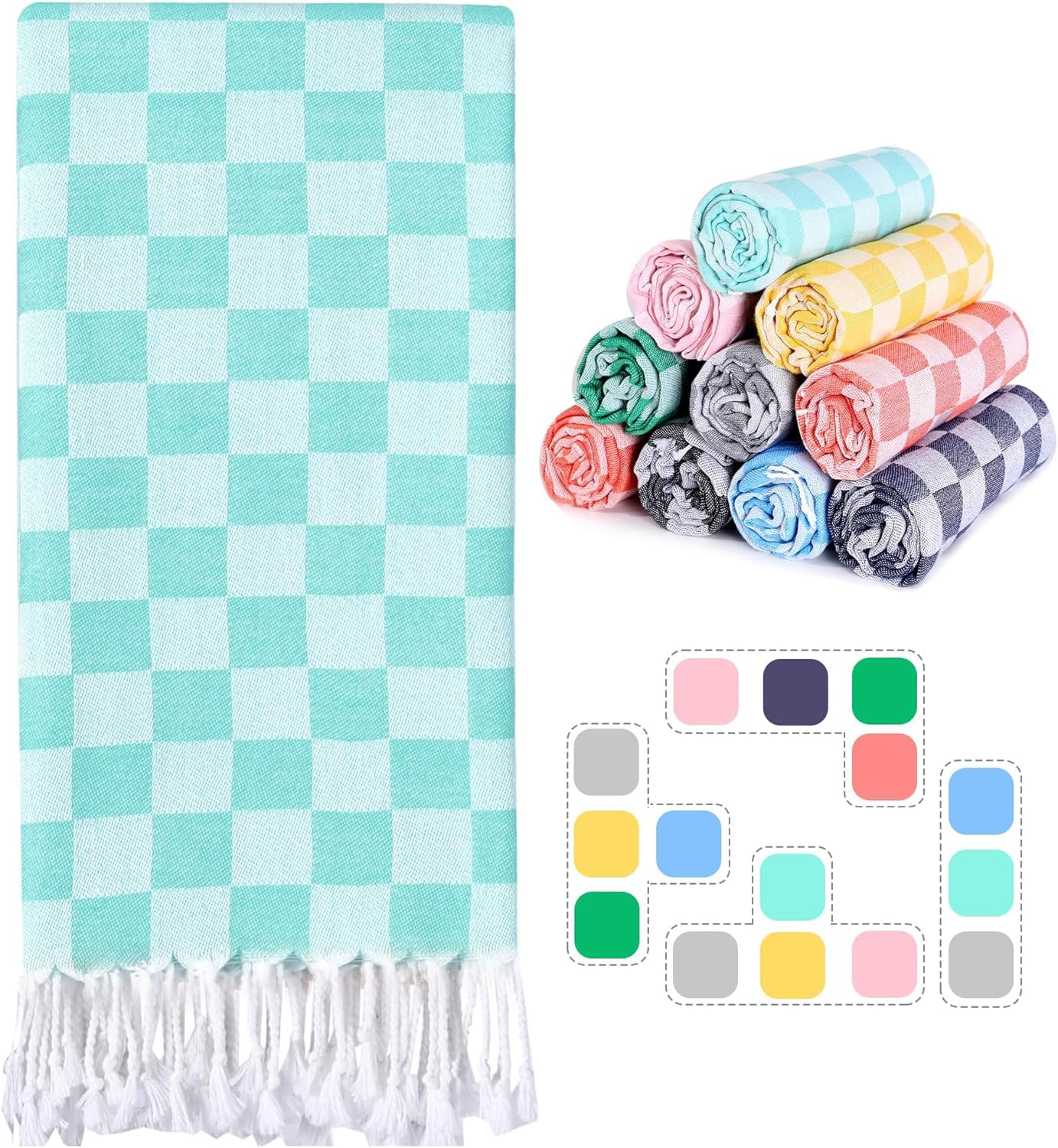Skiennix Checkered Plaid Turkish Beach Towel - Oversized, Quick-Dry, Sand-Free Vacation Essential