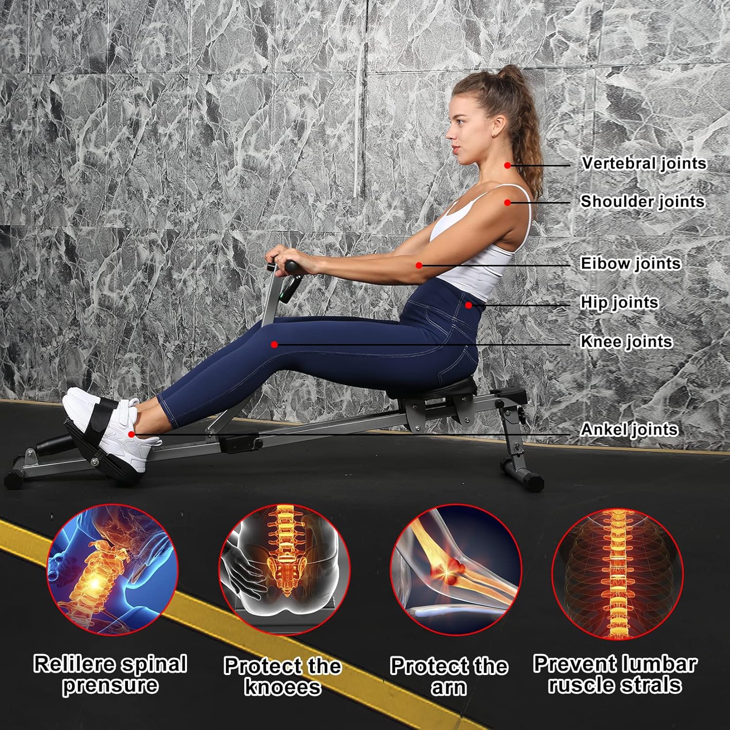 YSSOA Rowing Machine - Ergometer with 12 Adjustable Resistance Levels & Digital Monitor | 260 lbs Capacity - Black