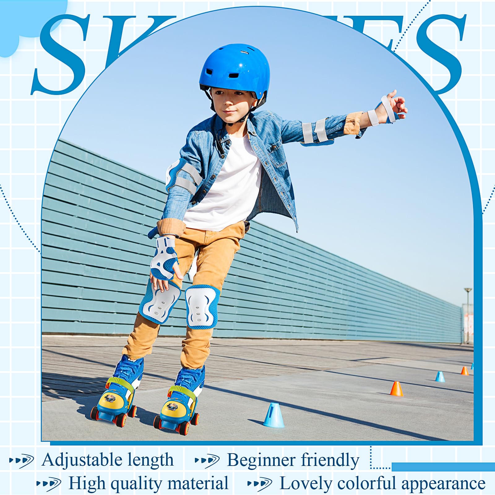 VioraWhite Toddler Roller Skates with Safe Lock Mode Protective Gear Set, Adjustable Kids Quad Roller Skates for Girls Boys Age 2-6 Beginner Skating Shoes(Blue,Space)