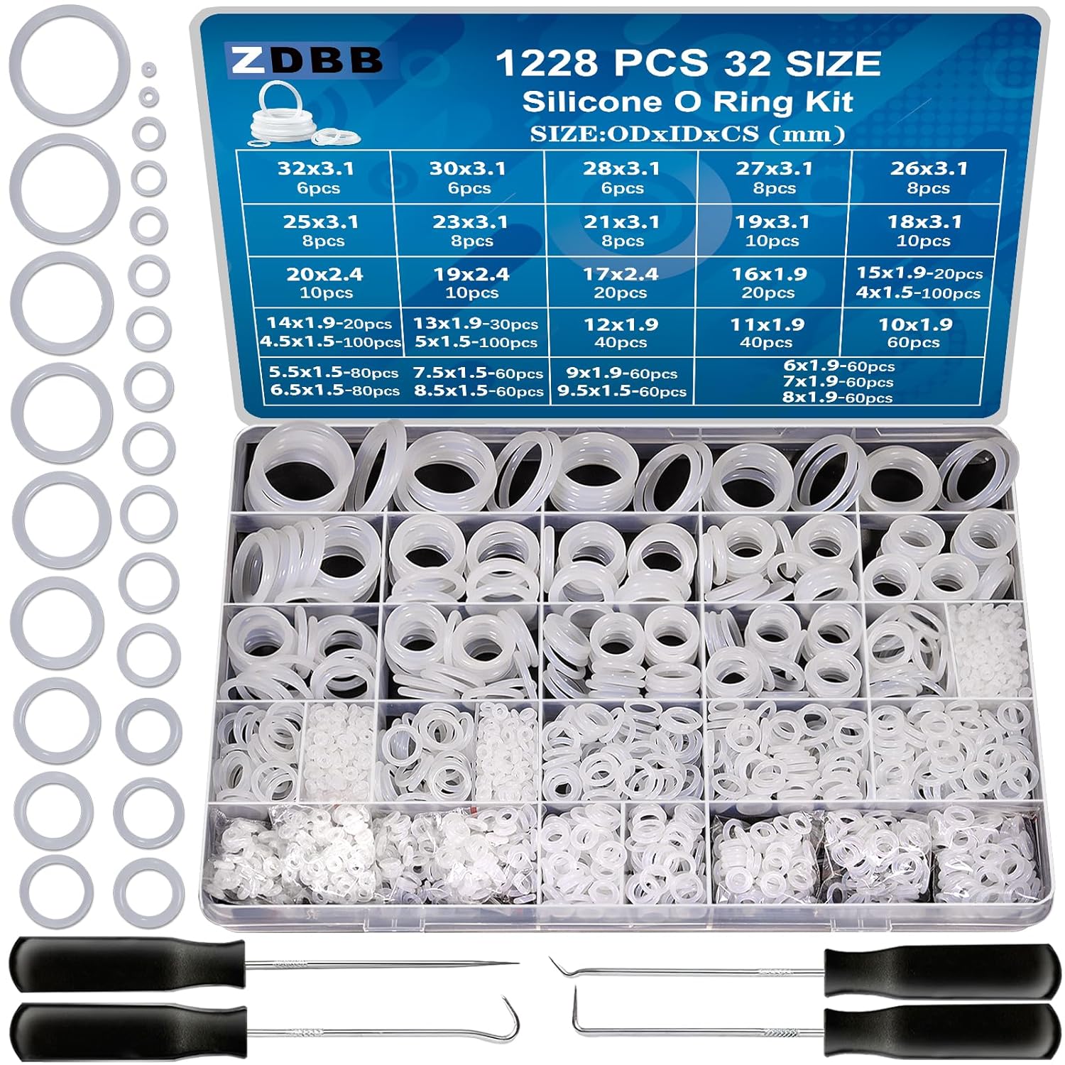 ZDBB Silicone O-Ring Kit - 1228 PCS Heat & Oil Resistant VMQ Seal Set for Plumbing | White