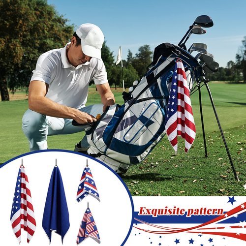 Flutesan 4 Pieces American Flag Pattern Golf Towels for Golf Bags Red White Blue Golf Ball Towel for Men Women Microfiber Waffle Texture Absorbent Golf Towels for 4th July Independence Memorial Day