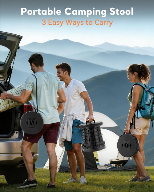 Portable Heavy Duty Collapsible Stool - Wide Seat, Extra Tall & Height Adjustable Stool - Retractable Folding Chair for Camping, Fishing, Hunting & Outdoor