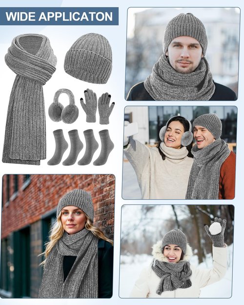 Geyoga 6 Pcs Winter Knit Set Beanie Hat Long Scarf Touchscreen Gloves Ear Muff Socks Warm Valentine Gift for Women Men Snow(Gray,Classic Style)