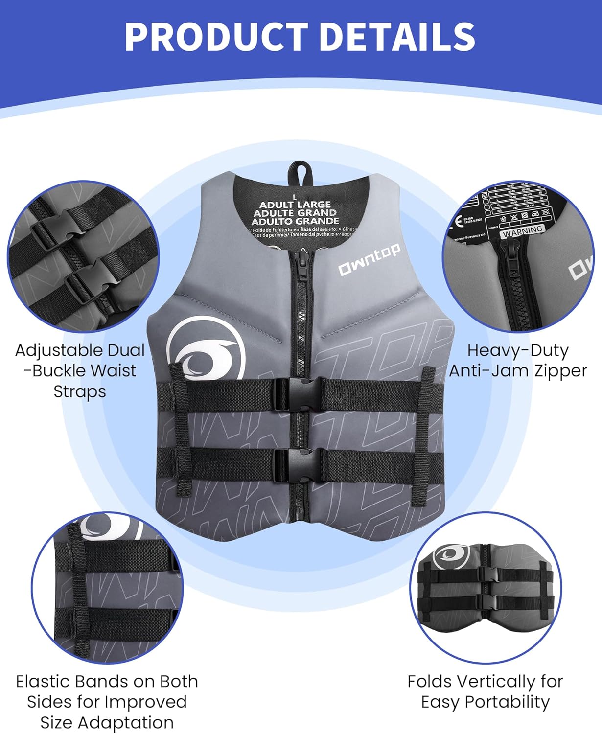 Owntop Swim Vest - Adult Neoprene Water Sport Floaties for Swimming, Boating & Kayaking | Adjustable Zipper & Dual Buckle