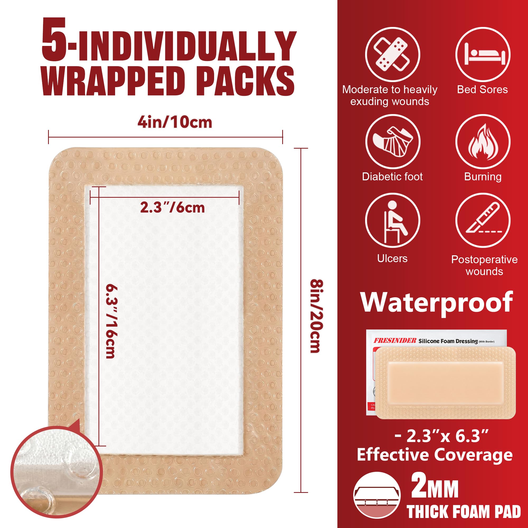 FRESINIDER 4" x 8" Pack of 5 Silicone Foam Wound Dressing - Waterproof Adhesive Bandages with Bordered - Super Absorbent & Breathable for Optimal Wound Care