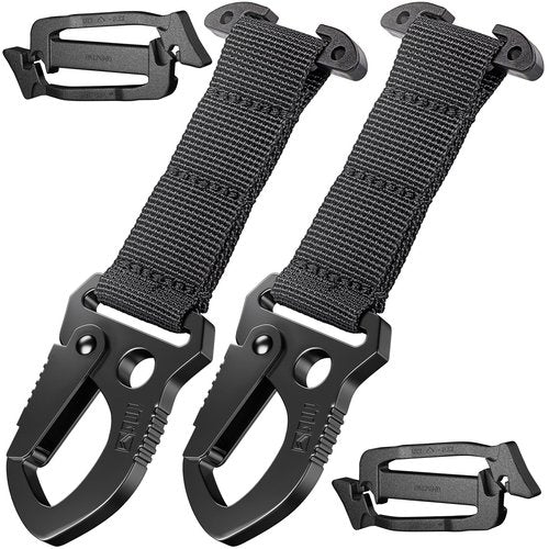 Tactical MOLLE Clip with Quick-Release Metal Hook & Nylon Webbing T-Mount | Secure Gear Attachment for Backpack, Vest, Belt, Car Seats & EDC(2PCS, Black)