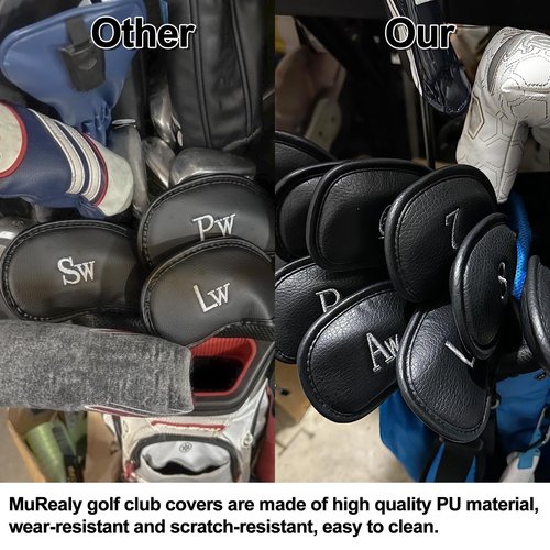 MuRealy 10PCS Premium Synthetic Leather Golf Iron Head Covers Set, Black Durable Golf Club Head Covers, Single Sided Embroidered Labels Golf Club Cover, Perfect for Most Clubs