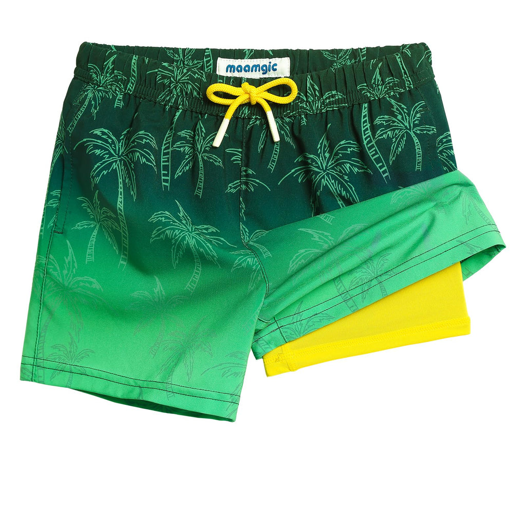 maamgic Boys Swim Trunks with Compression Liner 4-Way Stretch Quick Dry Bathing Suit Toddler Beach Shorts Green Coconut 2T