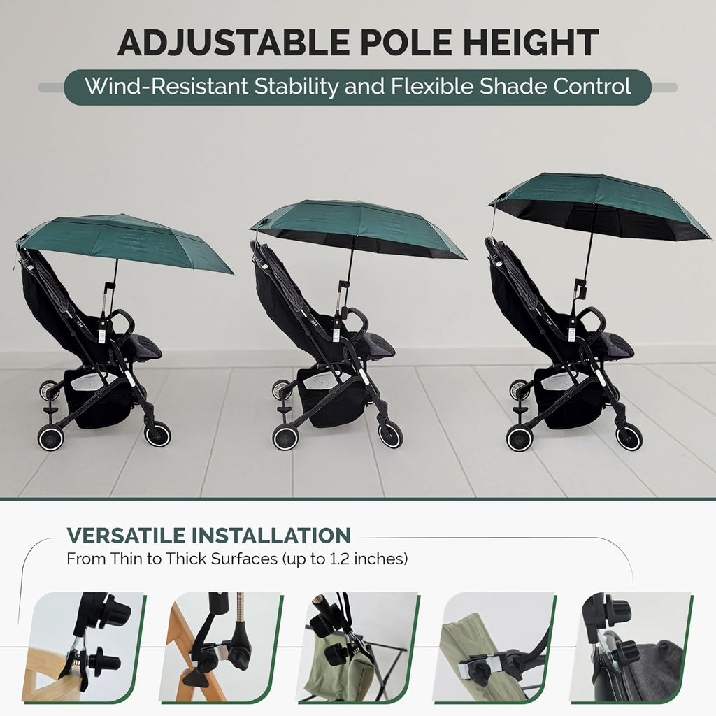 Universal Adjustable Clamp Beach Chair Umbrella by [Brand Name] - Lightweight Portable Sunshade for Stroller, Pool, Camp, Bleachers (Dark Green)