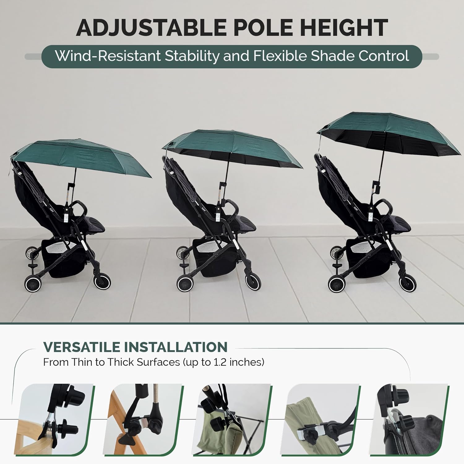Universal Adjustable Clamp Beach Chair Umbrella by [Brand Name] - Lightweight Portable Sunshade for Stroller, Pool, Camp, Bleachers (Dark Green)