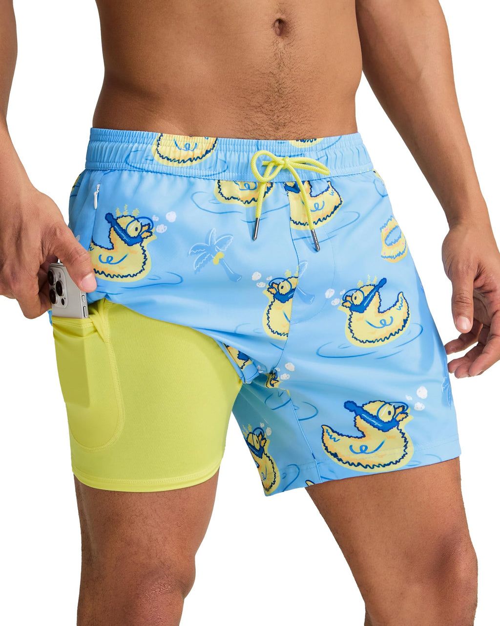 maamgic Mens Swim Trunks with Compression Liner 5 Inch, Quick Dry Bathing Suit with Zipper Pockets, Stretch No-Chafing Swim Shorts, Blue-Swimming Duck XX-Large