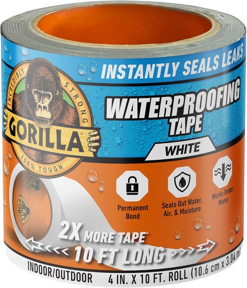 Gorilla Waterproof Patch & Seal Tape - 4" x 10' White Tape for Permanent Weather-Resistant Repairs