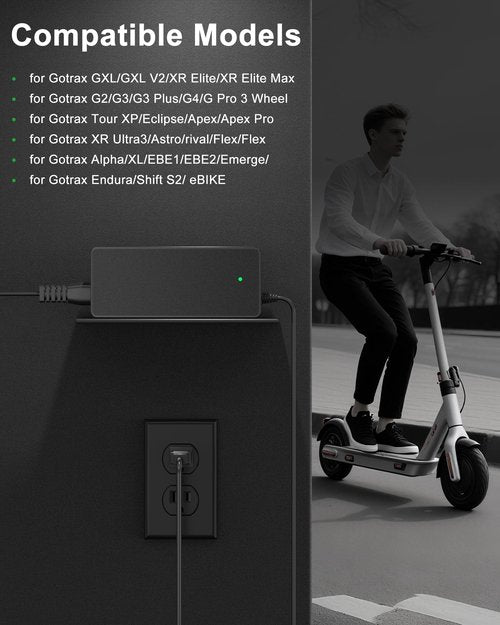 VHBW 42V 2A Electric Scooter Charger–Compatible with GoTrax GXL V2, Apex, XR Ultra, Electric Scooters with 36V Lithium Battery - Round DC Plug (Not 3-Prong or XLR)