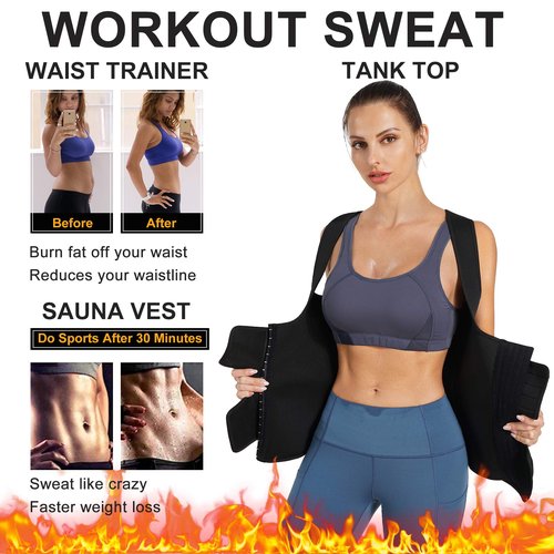 Nebility Women Sauna Sweat Vest Hot Neoprene Sauna Suit Weight Loss Workout Top Waist Trainer Shirt Body Shaper (Medium, Black)