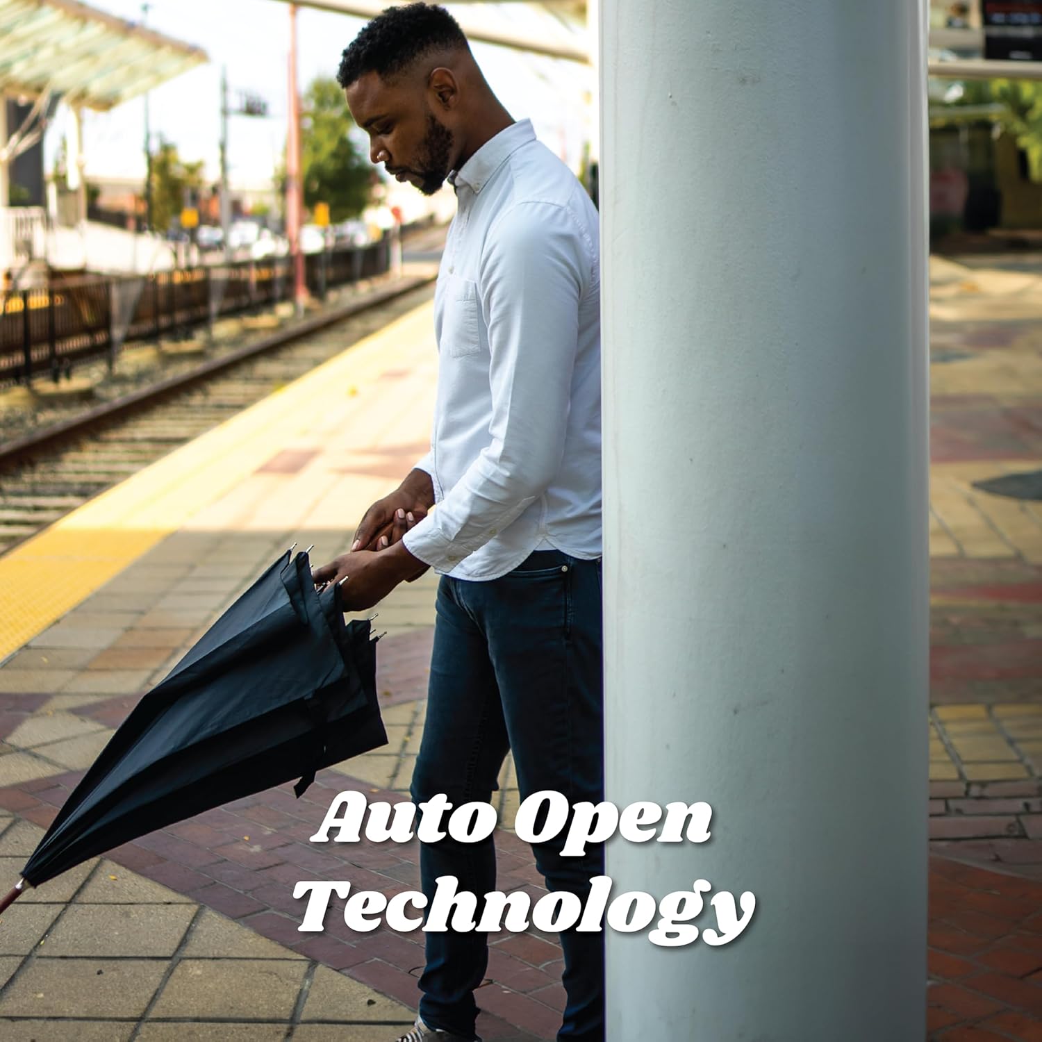 Totes Auto Open Umbrella - Water Repellent Design with Classic Wood J Hook Handle