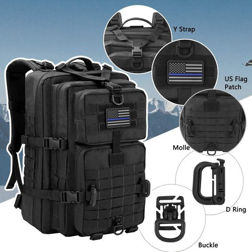 Hannibal Tactical MOLLE Assault Backpack - Military-Grade 3-Day Rucksack with USA Flag Patch | Black