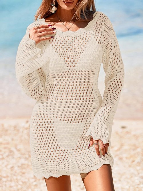 BreathSunny Women's Crochet Swimsuit Cover-Up - Long Sleeve Mesh Knit Mini Dress