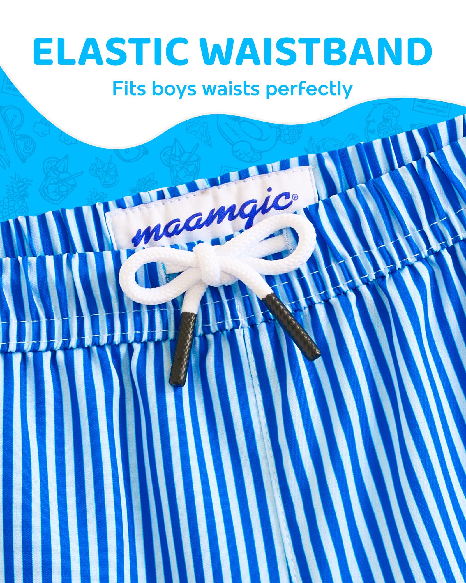 maamgic Boys Swim Trunks with Compression Liner 4-Way Stretch Quick Dry Bathing Suit Toddler Beach Shorts Blue White Stripes 5-6 Years