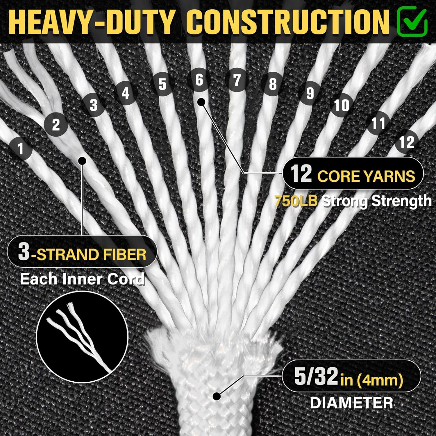 Paracord 750 lb - 100ft Heavy Duty 12-Strand Parachute Cord | Ideal for Camping, Survival Gear, and Crafts - White