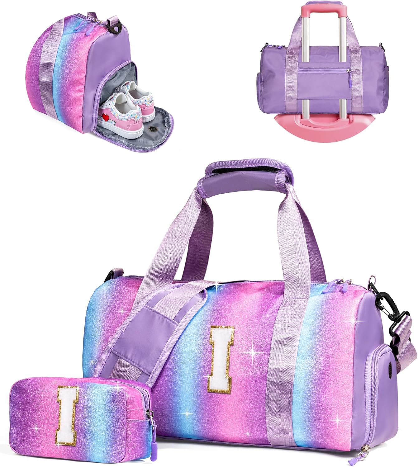 Skiennix Personalized Gym Bag for Girls - Stylish Weekender with Shoe Compartment & Makeup Pouch (Letter I)