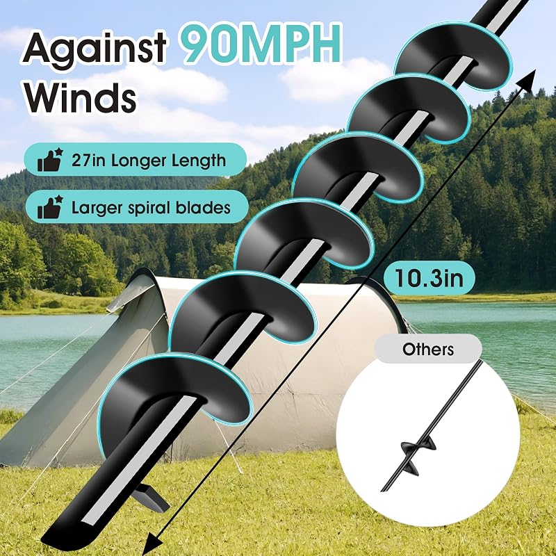 Ground Anchors Screw-In for High Wind - 4x27" Set with Wrench & Nut Driver (Black)