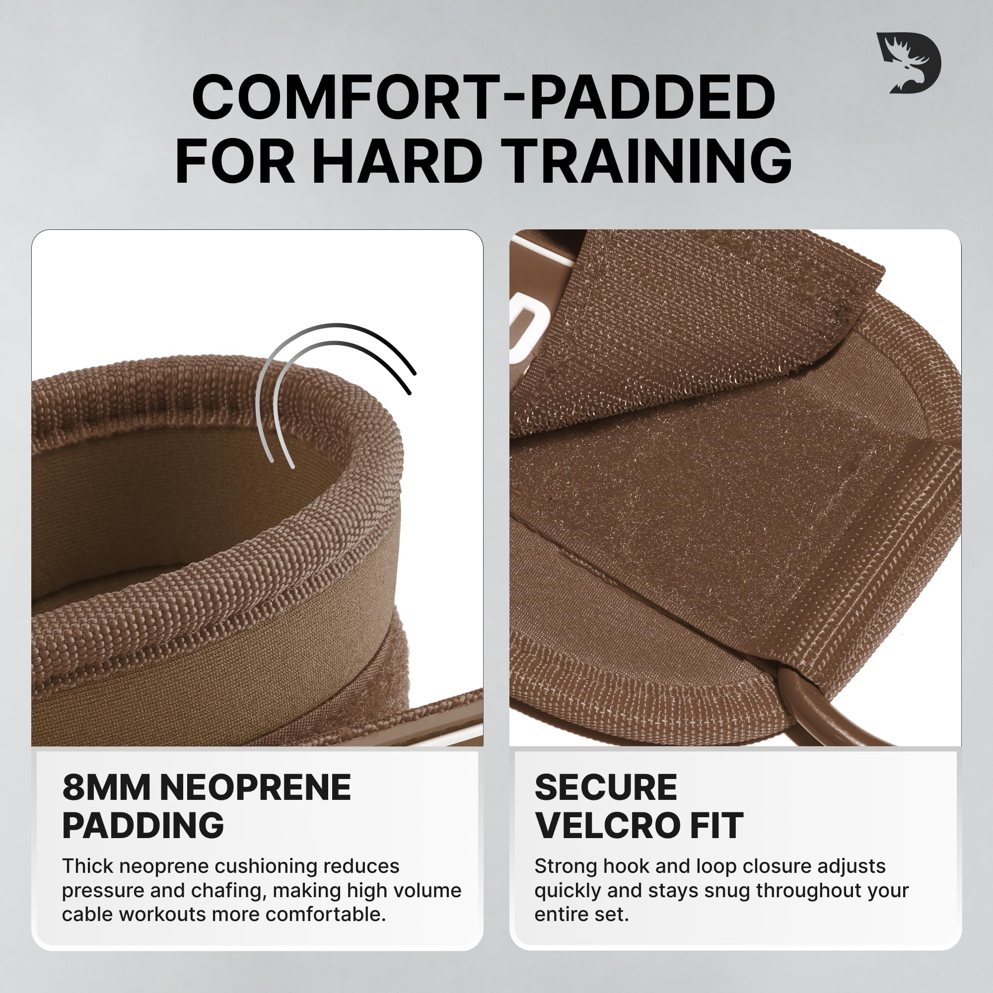 DMoose Fitness Ankle Straps for Cable Machines - One Size Fit Premium Padding, Glute Kickback Ankle Strap for Women & Men, Cable Attachments for Gym, Booty Workouts & Hip Abductors (Cocoa - Single)
