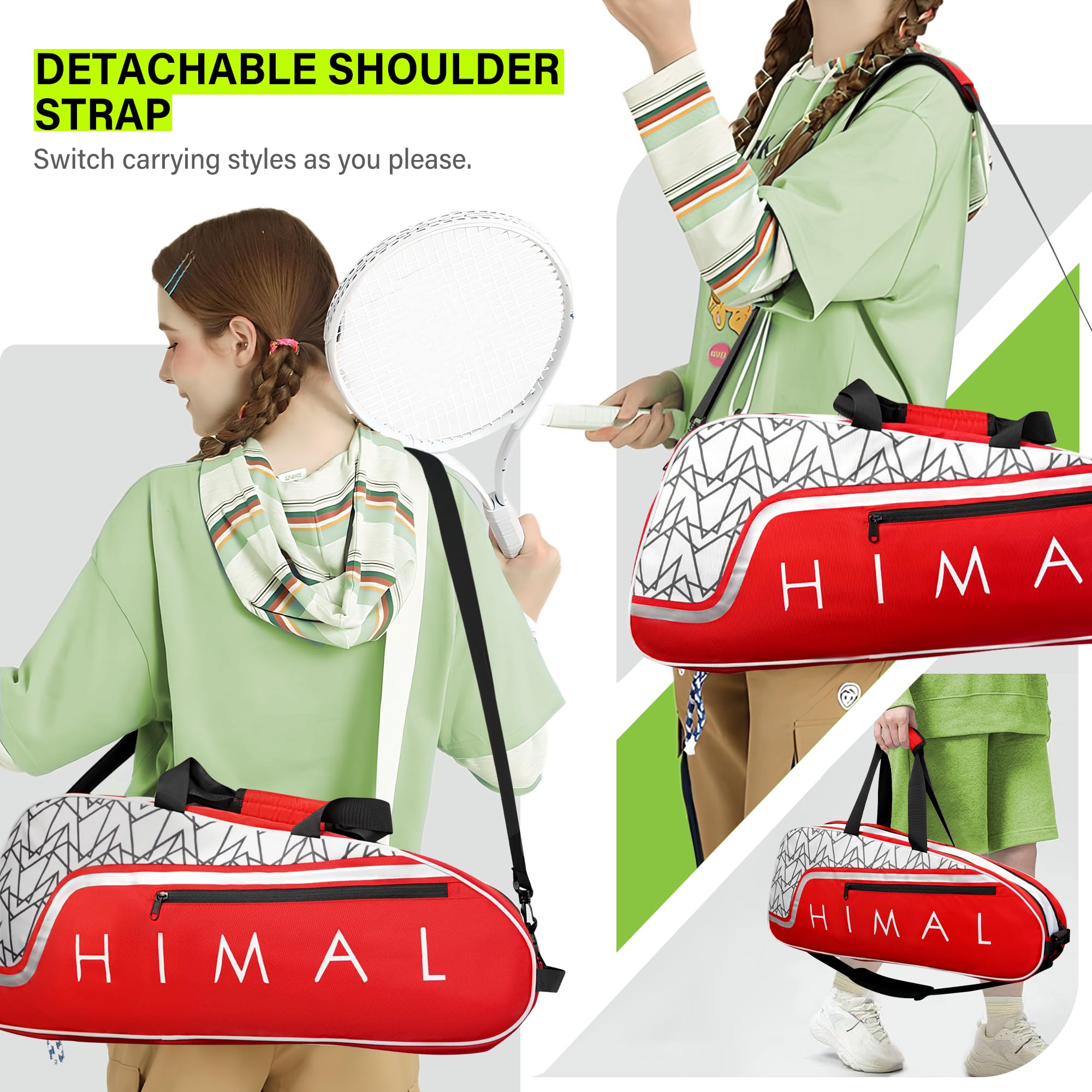 UNIHIMAL Tennis Bag for Men Women Holds 3 Rackets， Large Capacity Racquet Bags with Protective Pad, Removeable Shoulder Strap