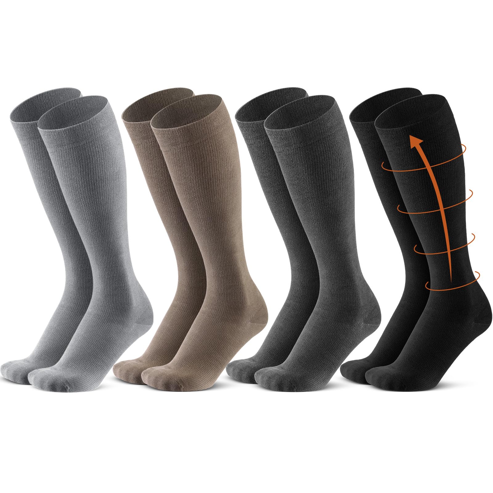 Tisancy 4 Pairs Cotton Compression Socks for Women Men 20-30 mmHg Knee High Support Socks for Nurse Pregnant Sports Travel(Black, Medium Grey, Dark Grey, Khaki)