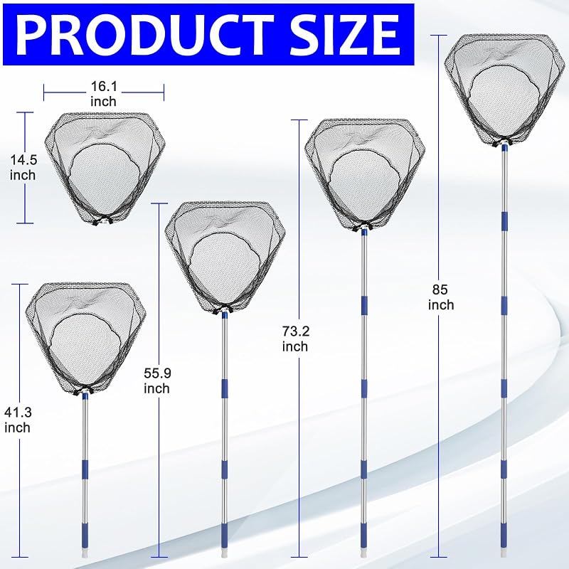 Adjustable 85 Inch Landing Fishing Net with Handle, 5-Section Deep 14-Inch Net