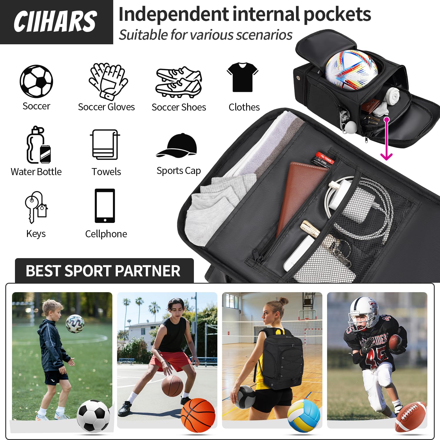 Ciihars Soccer Bag - Soccer Backpack with Ball Holder,Sport Equipment Bags gifts for soccer stuff Water resistant Includes Separate Cleat Fit Basketball Volleyball Football