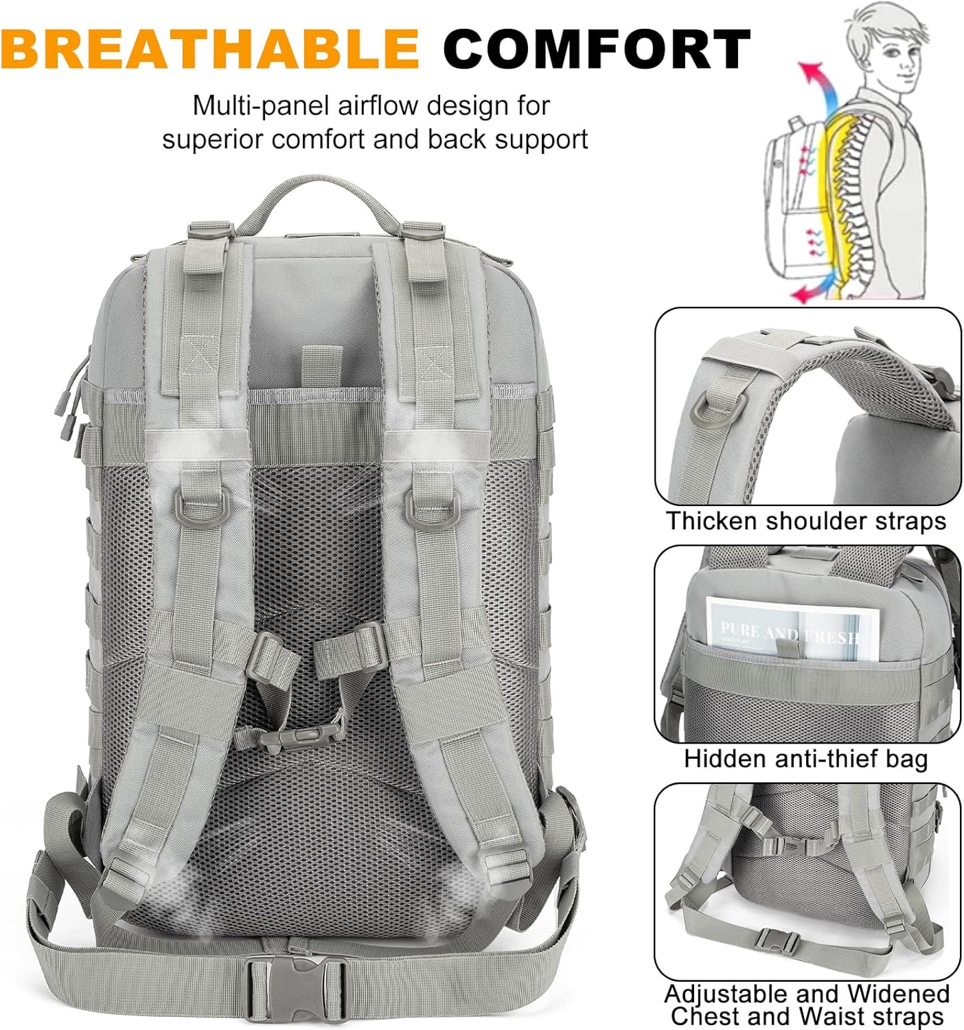 Skiennix Tactical Backpack 45L - Water Resistant MOLLE Rucksack for Hiking, Camping & Travel (Grey)
