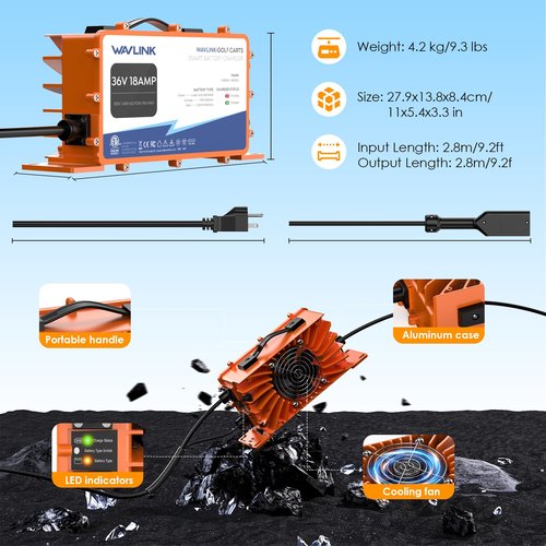WAVLINK 36V 18 AMP Golf Cart Battery Charger, IP67 Waterproof, LiFePO4/NMC/Lead-Acid Compatible (D Plug for TXT/EZGO)