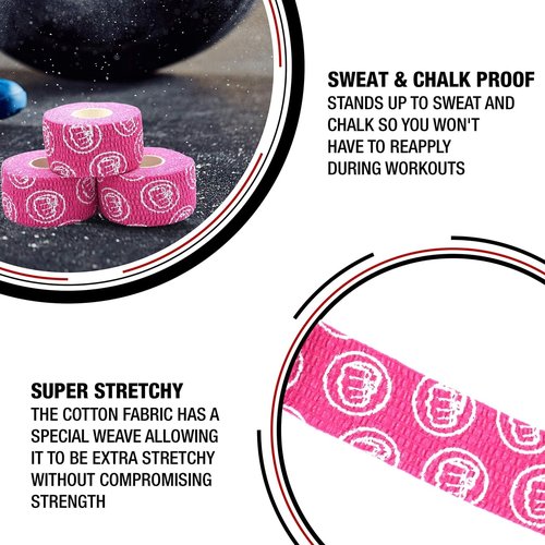 WOD Nation Weightlifting Hook Grip Athletic Tape, Flexible Fabric Thumb & Finger Tape - Easy-Tear, Sweat-Proof, Durable Strips for Powerlifting & Gym, 12-Pack (23 ft Rolls) - Pink
