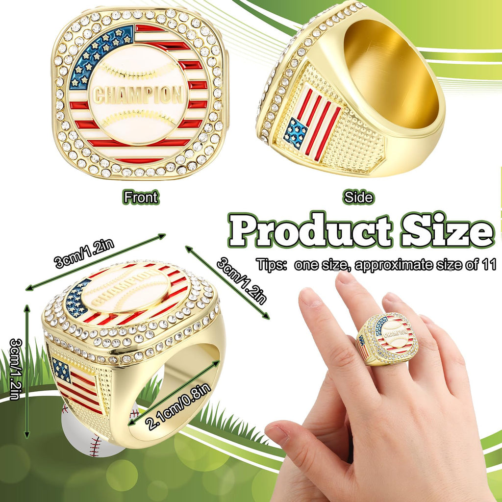 Landical 6 Set Baseball Championship Ring with Display Case and Stand Holder Championship Ring Case Acrylic Display Box and Holder Champion Trophy Rings for League Winner (Baseball,Gold)