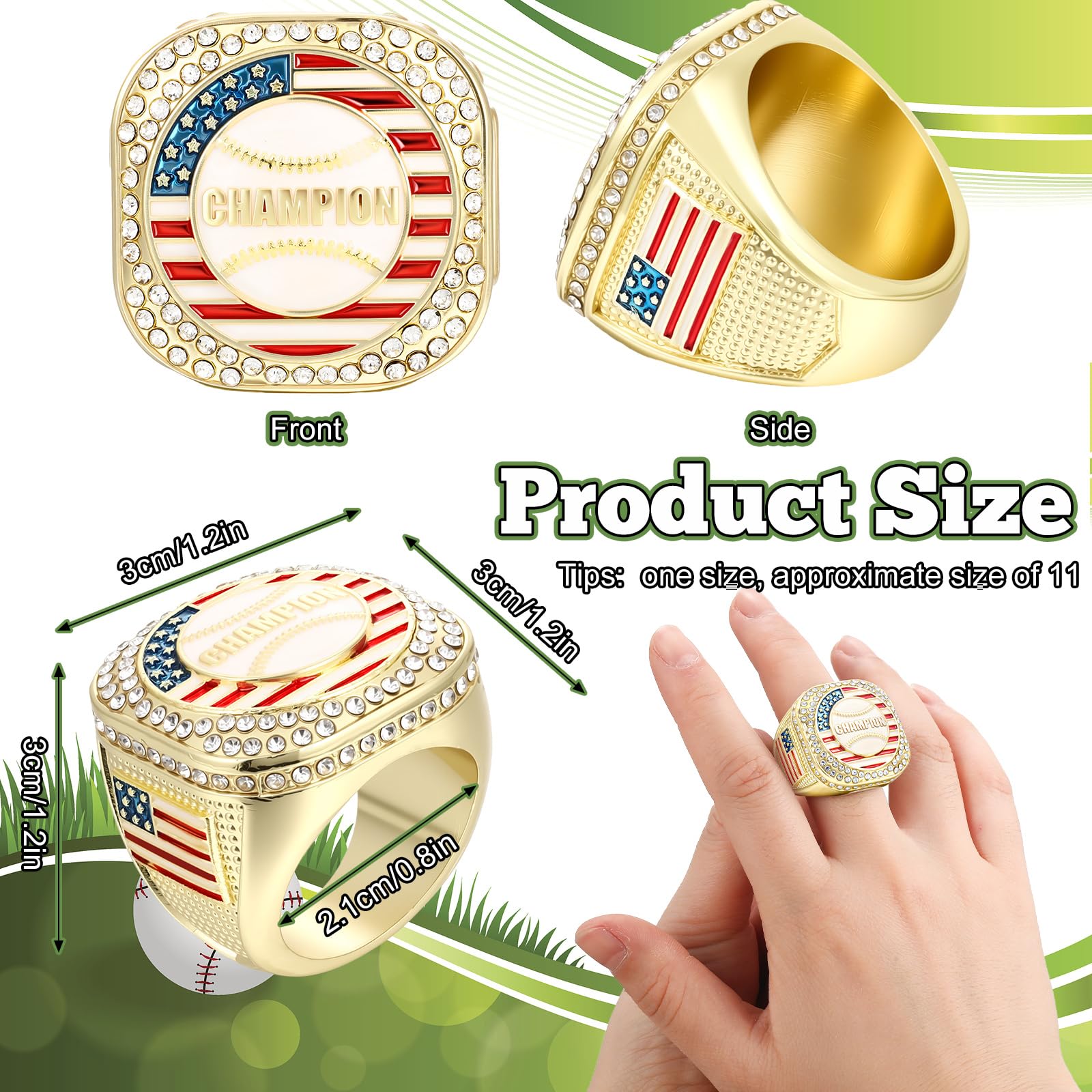 Landical 6 Set Baseball Championship Ring with Display Case and Stand Holder Championship Ring Case Acrylic Display Box and Holder Champion Trophy Rings for League Winner (Baseball,Gold)