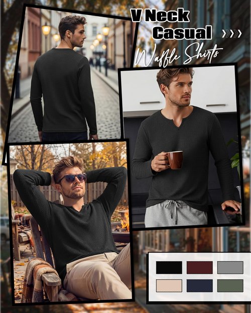 August Alley Men's Waffle V Neck Shirt Long Sleeve Thermal Pullover Top Casual Stretch Lightweight Undershirt(Black,X-Large)