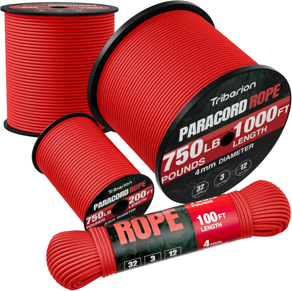 Paracord Rope 750 lb | Heavy Duty 100ft 5/32" Parachute Cord - Durable Survival & Camping Gear - Red