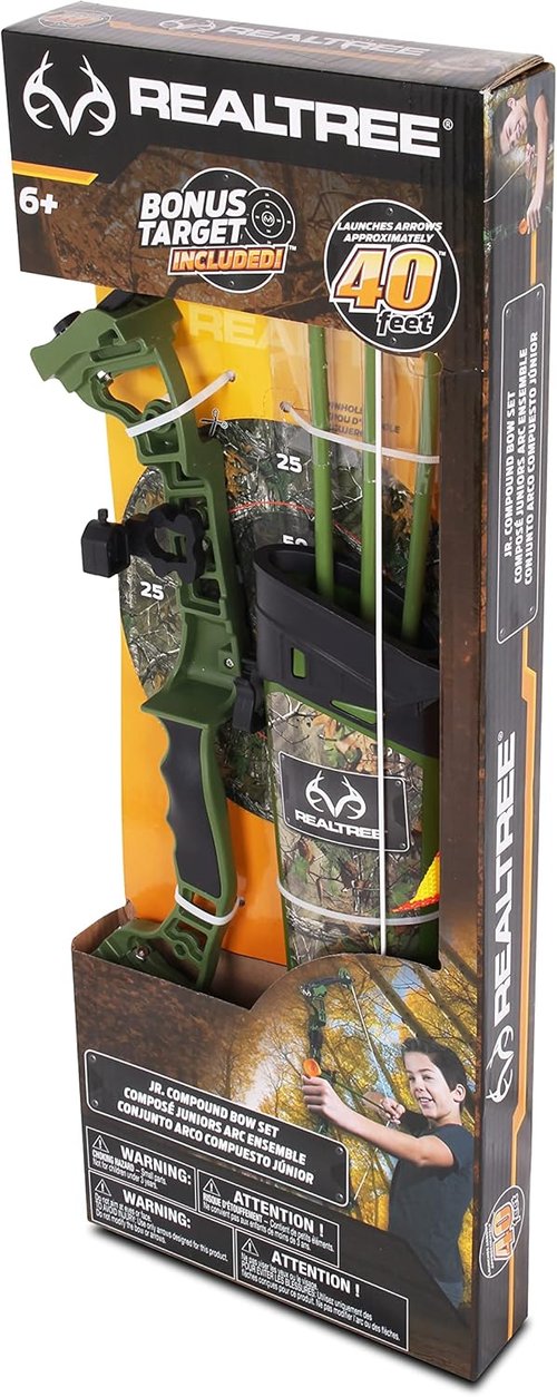 NKOK Realtree Jr. Compound Bow Set - PVC Tipped Arrows Up to 40 Feet | Includes 3 Arrows, Target & Red LED Scope for Ages 6+