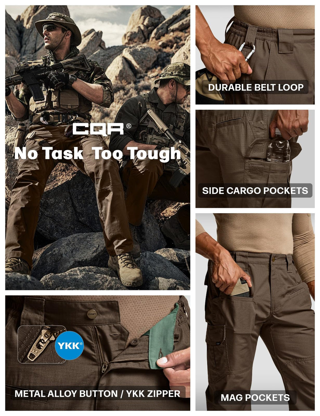 CQR Men's Tactical Pants, Water Resistant Ripstop Cargo Pants, Lightweight EDC Work Hiking Pants, Outdoor Apparel, Raider Tundra, 34W x 30L