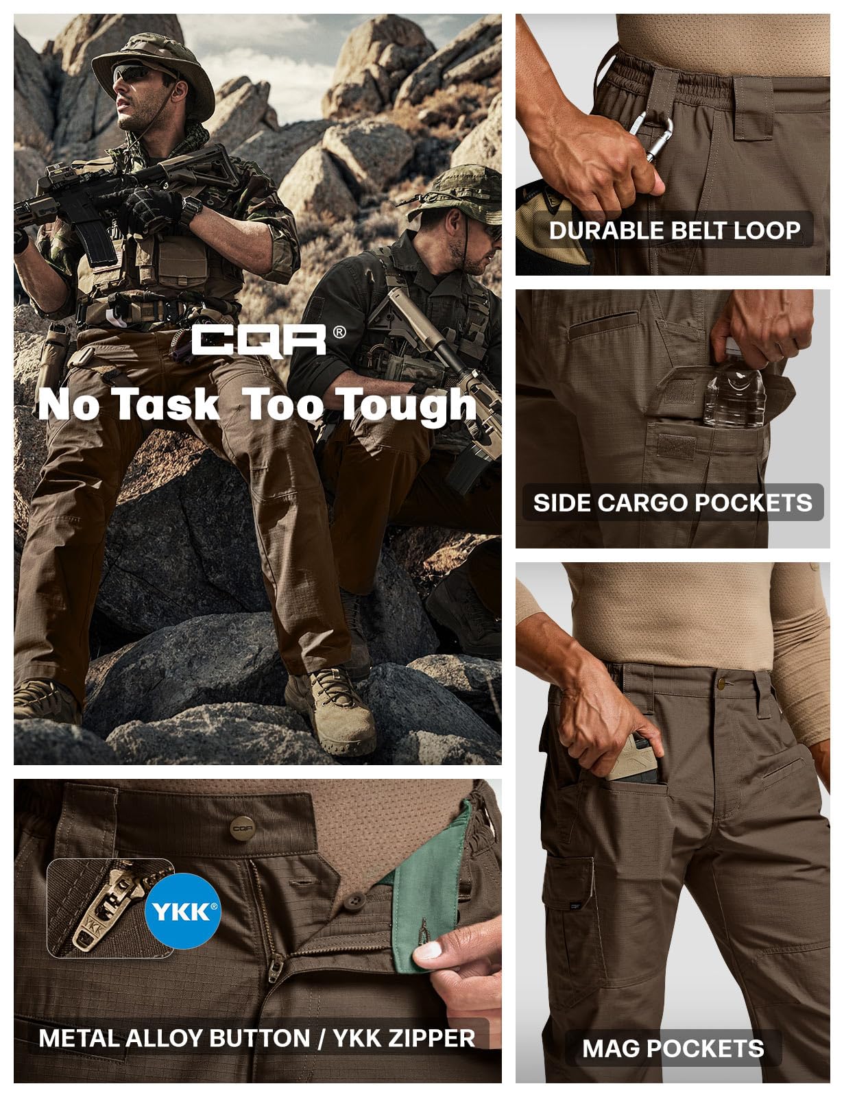 CQR Men's Tactical Pants, Water Resistant Ripstop Cargo Pants, Lightweight EDC Work Hiking Pants, Outdoor Apparel, Raider Tundra, 34W x 30L