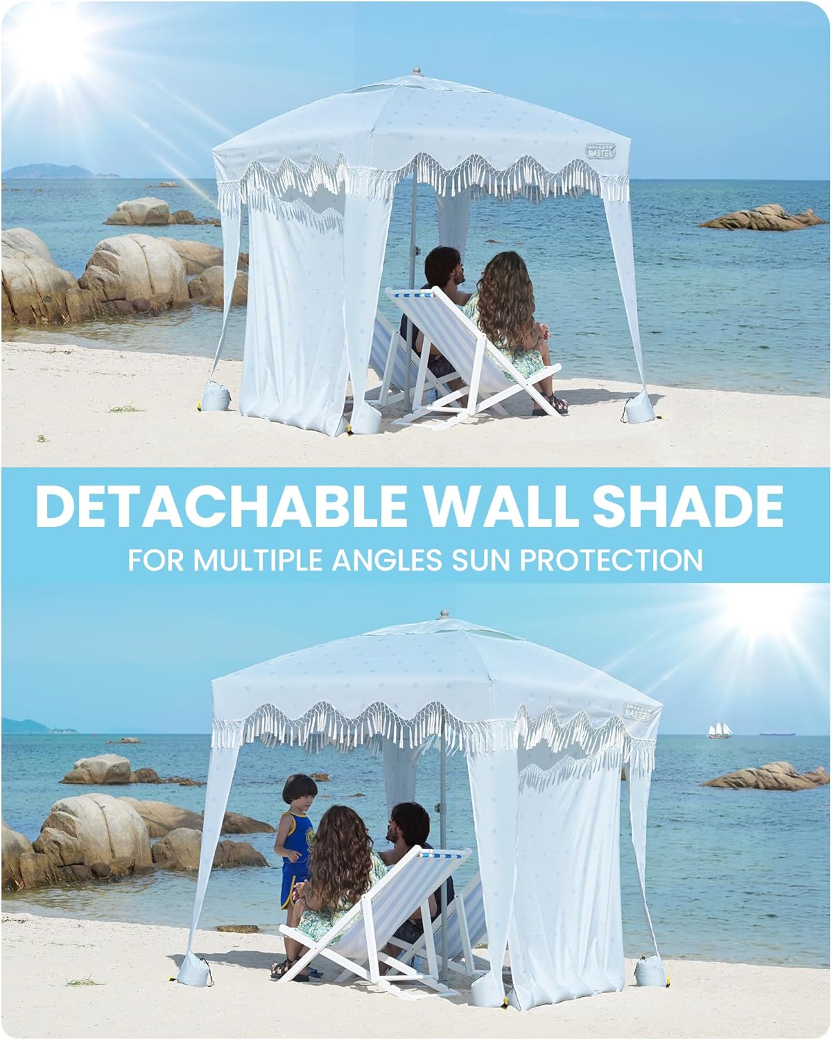 OutdoorMaster Beach Cabana - Portable 6' x 6' Canopy with Fringes & UPF 50+ UV Protection | Ideal for Family Fun
