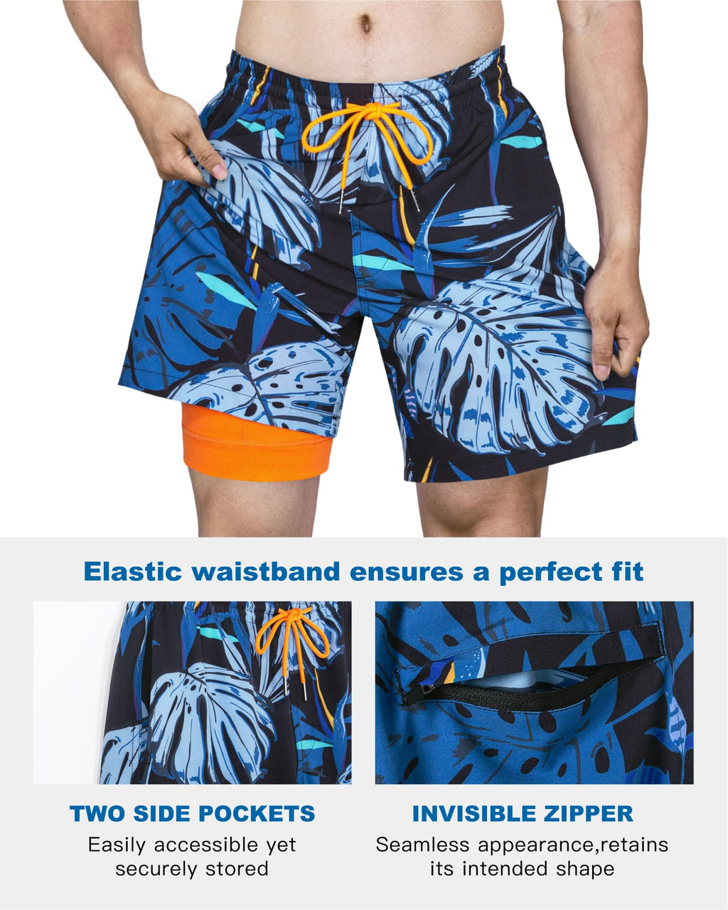 SURF CUZ Mens Swim Trunks with Compression Liner Quick Dry Swim Shorts 7" Swimming Trunks Stretch Bathing Suit Zipper Pockets,Surf Palms,L